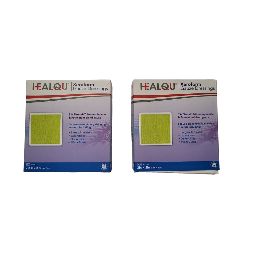 Set 2)  Healqu  Xeroform Gauze Dressing 2"x2" Exp 06/2027. One Box 25Pcs Each